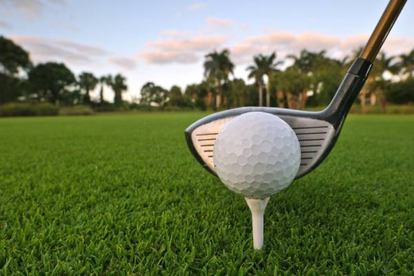 30A Activities golf ball with driver behind it and palm trees in the background