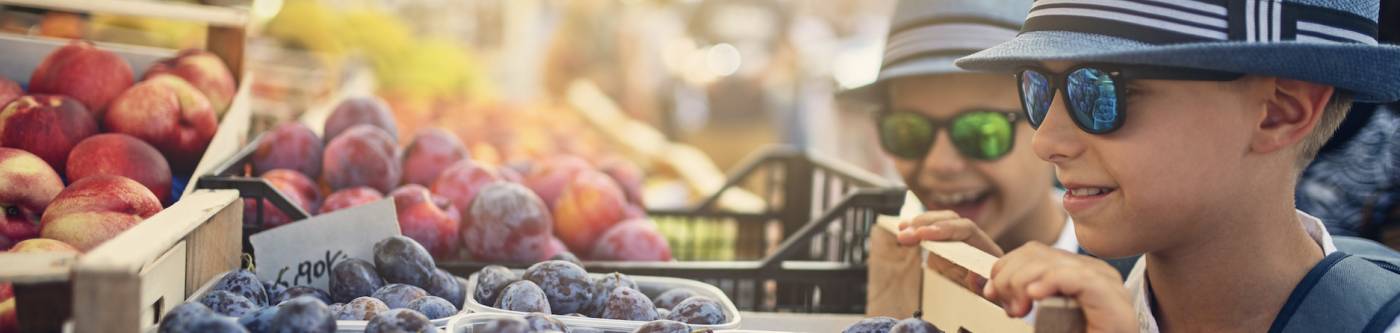 two little boys wearing hats and sunglasses and looking at fruit at a farmers market